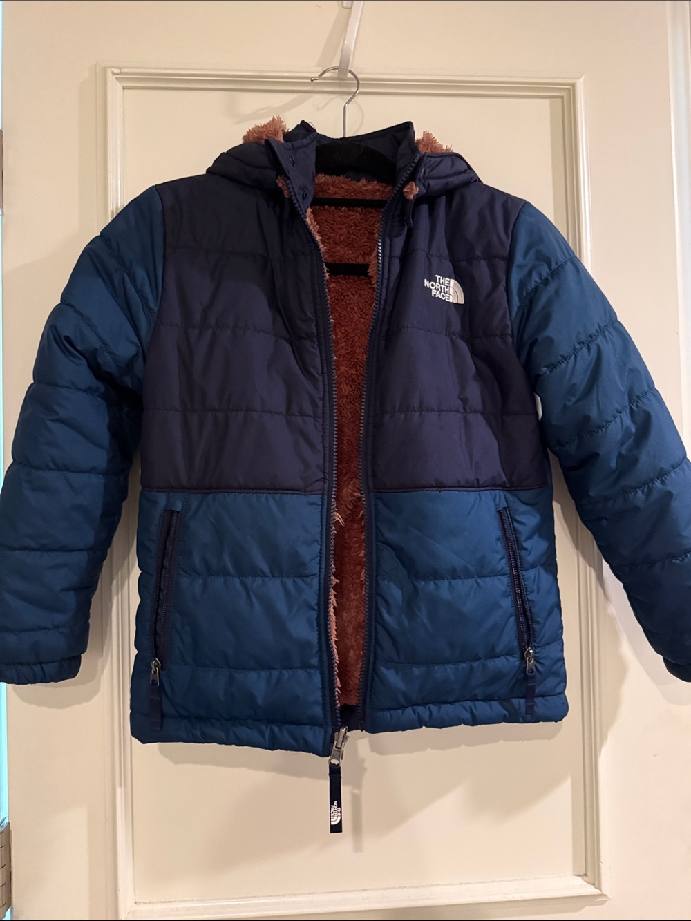The North Face Boys Two-Tone Navy and Blue Puffer Jacket with Brown Sherpa- M